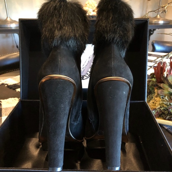BCBG MaxAzria Black Suede Fur Topped Short Boots - Picture 2 of 5